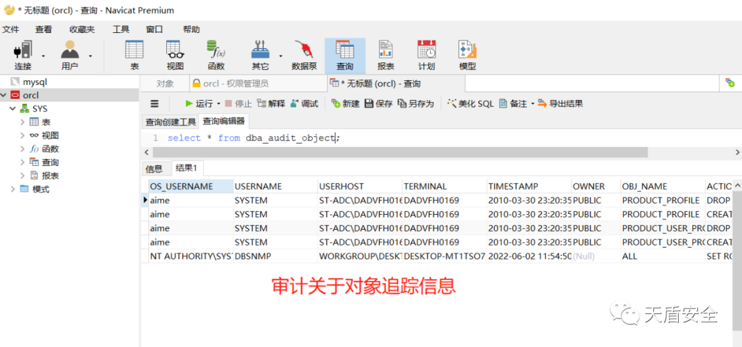 Oracle 审计记录内容界面对照