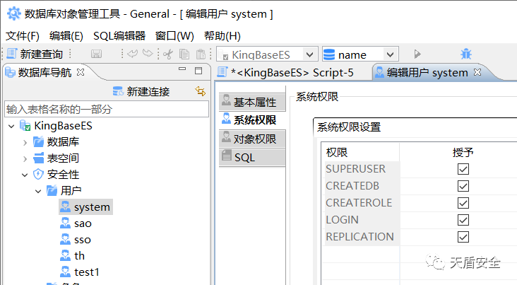 KingbaseES 用户权限清单界面对照