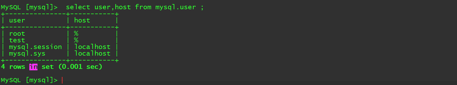 MySQL 账户清单查询结果